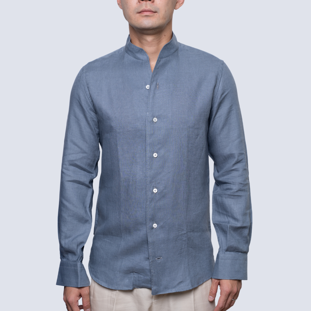 Boulder Grey Stand Collar Linen Long Sleeve Shirt – Supremo Tailor