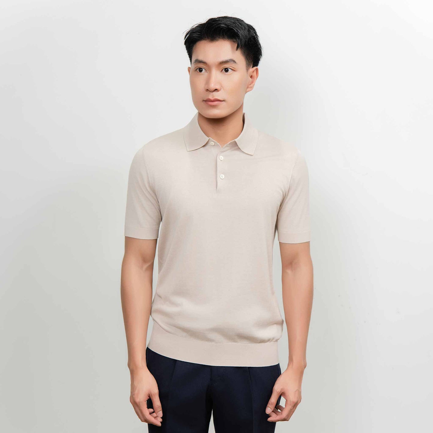 Wool & Silk Machine-Washable Polo Shirt - Beige