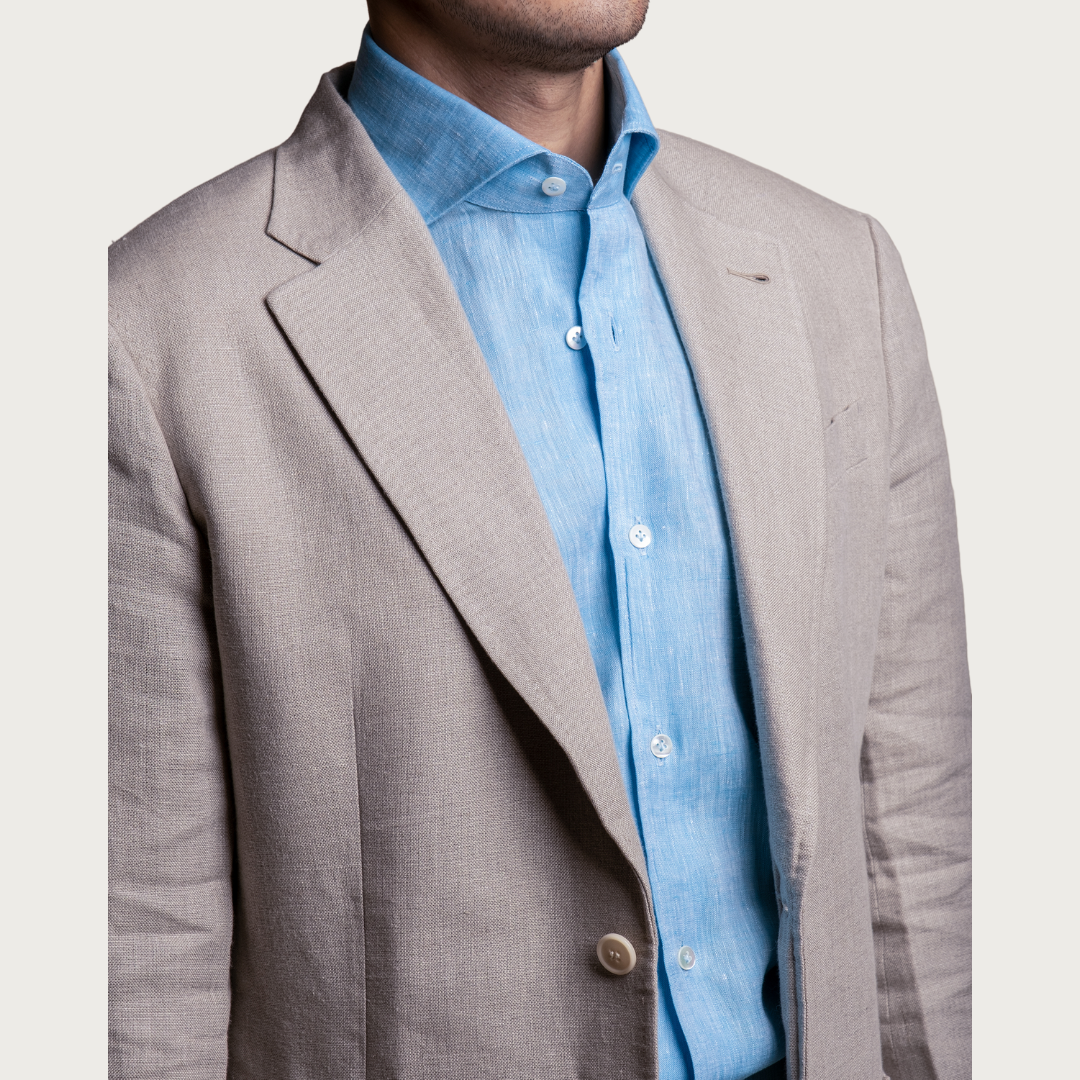 Turquoise Linen Casual Long Sleeve Shirt