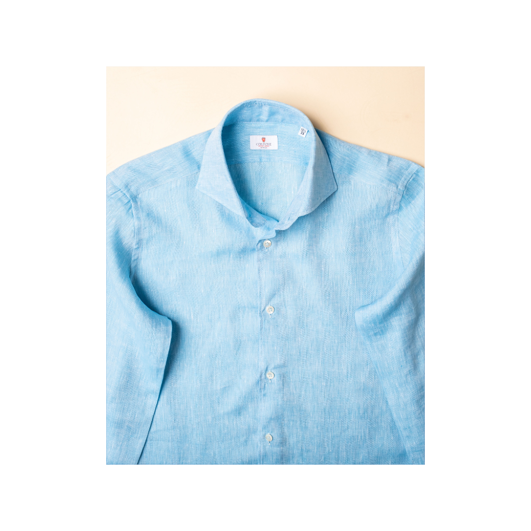 Turquoise Linen Casual Long Sleeve Shirt