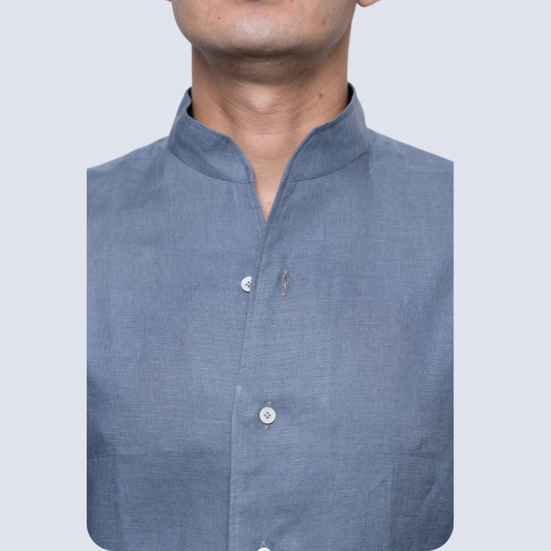 Boulder Grey Stand Collar Linen Long Sleeve Shirt