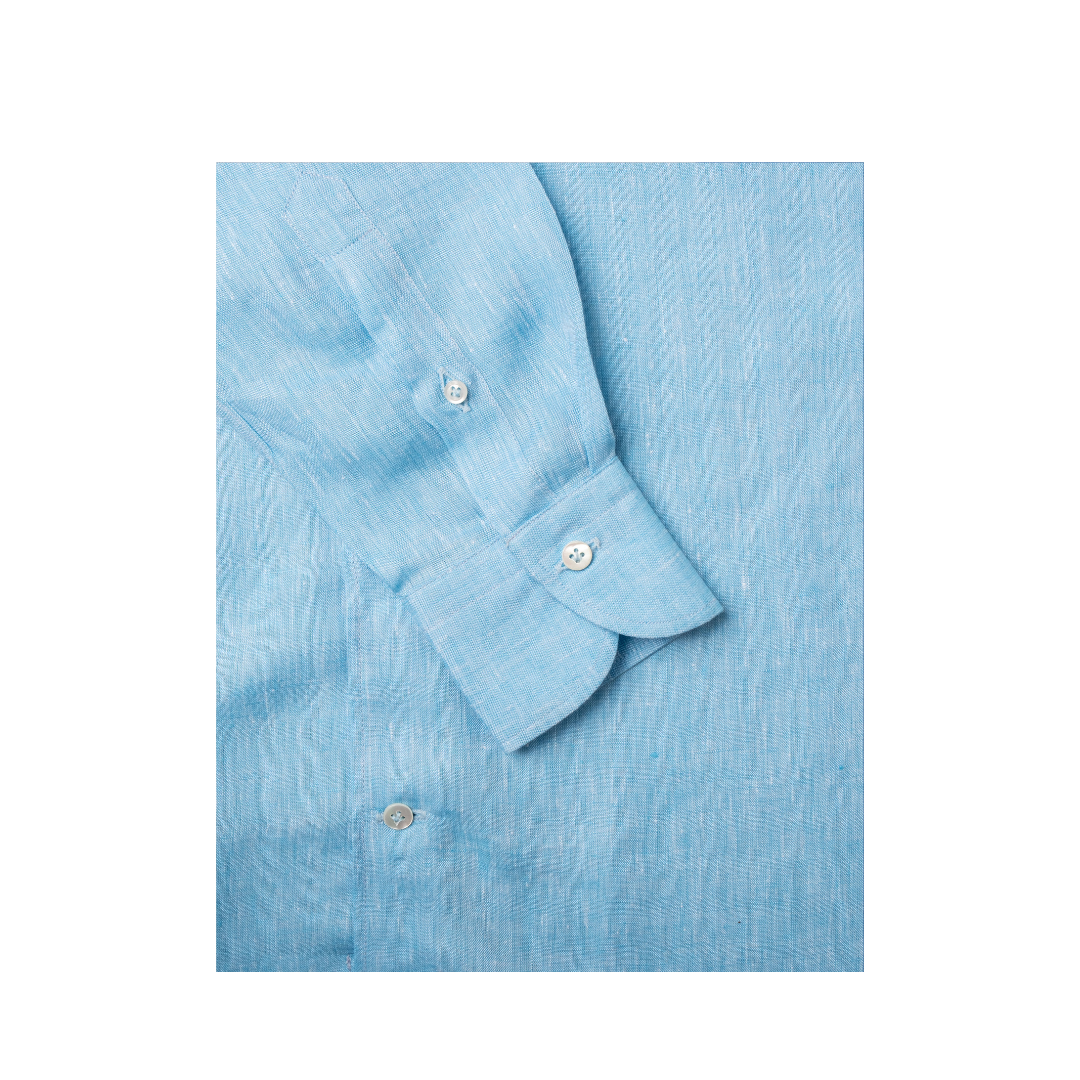 Turquoise Linen Casual Long Sleeve Shirt