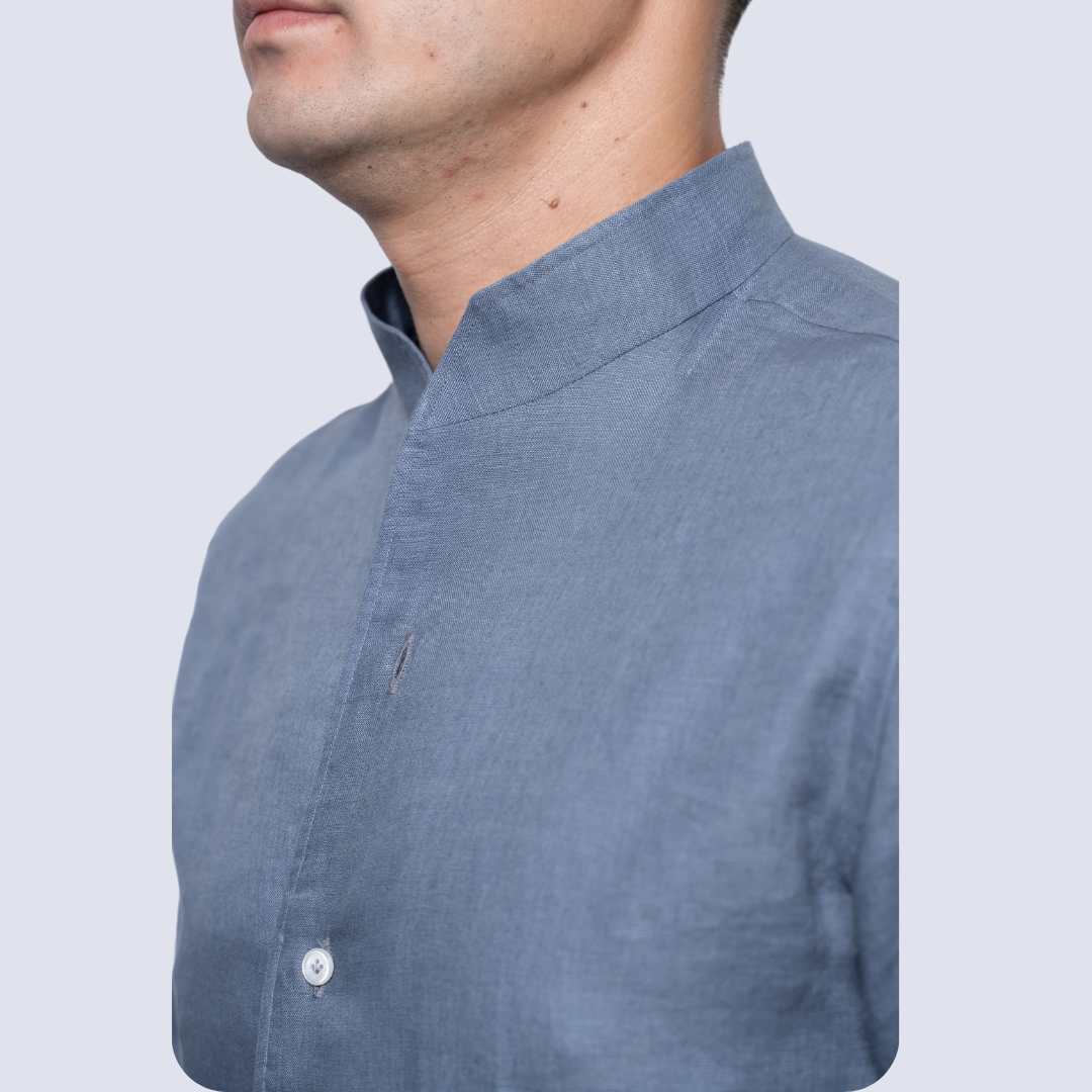 Boulder Grey Stand Collar Linen Long Sleeve Shirt