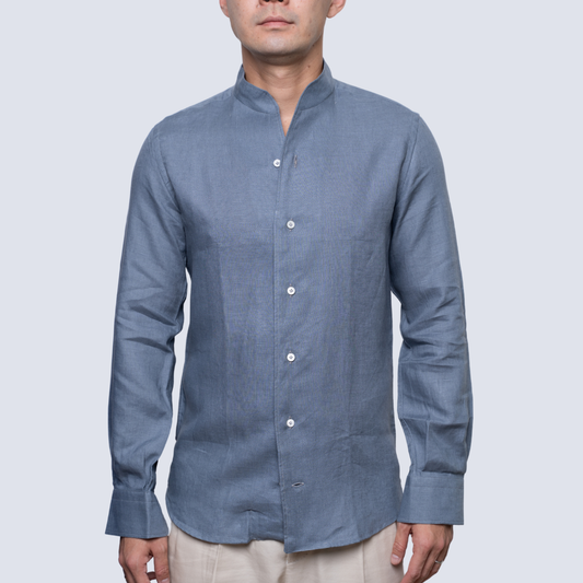 Boulder Grey Stand Collar Linen Long Sleeve Shirt