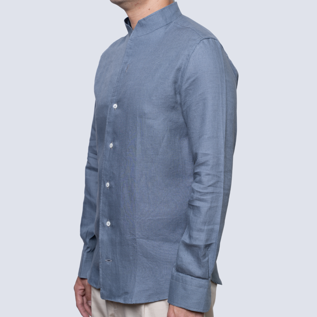 Boulder Grey Stand Collar Linen Long Sleeve Shirt