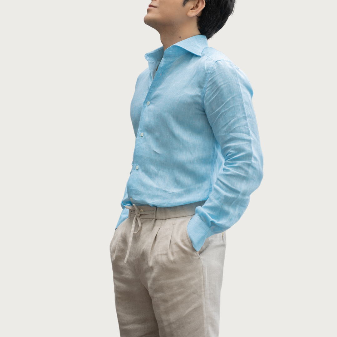 Turquoise Linen Casual Long Sleeve Shirt