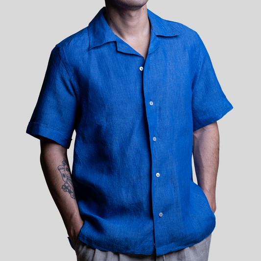 Crystal Blue Linen Casual Short Sleeve Shirt