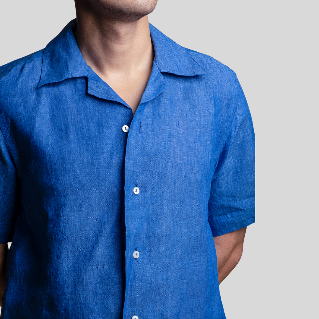 Crystal Blue Linen Casual Short Sleeve Shirt