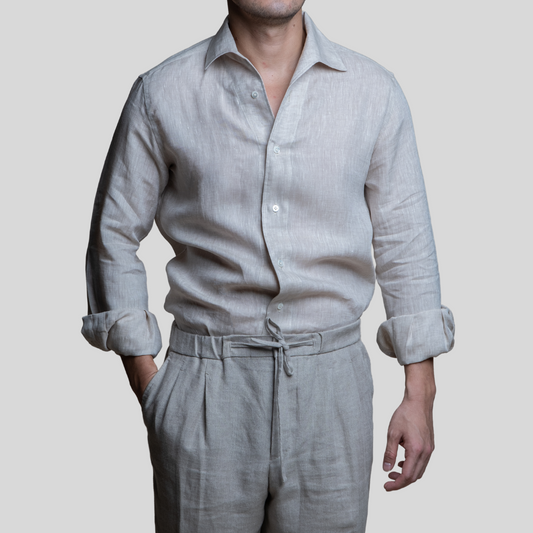 Camel Brown Linen, 1 piece collar casual Long Sleeve Shirt