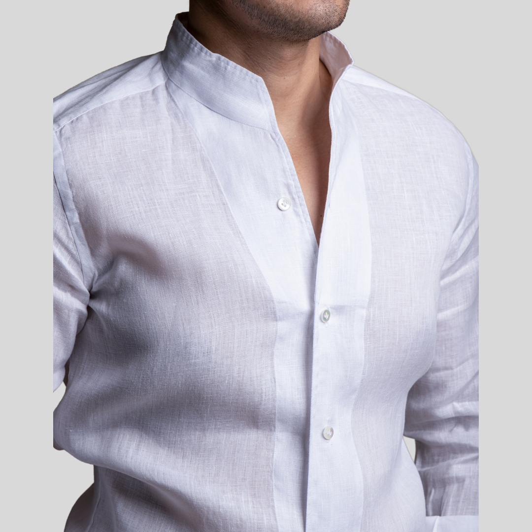 White Stand Collar Linen Long Sleeve