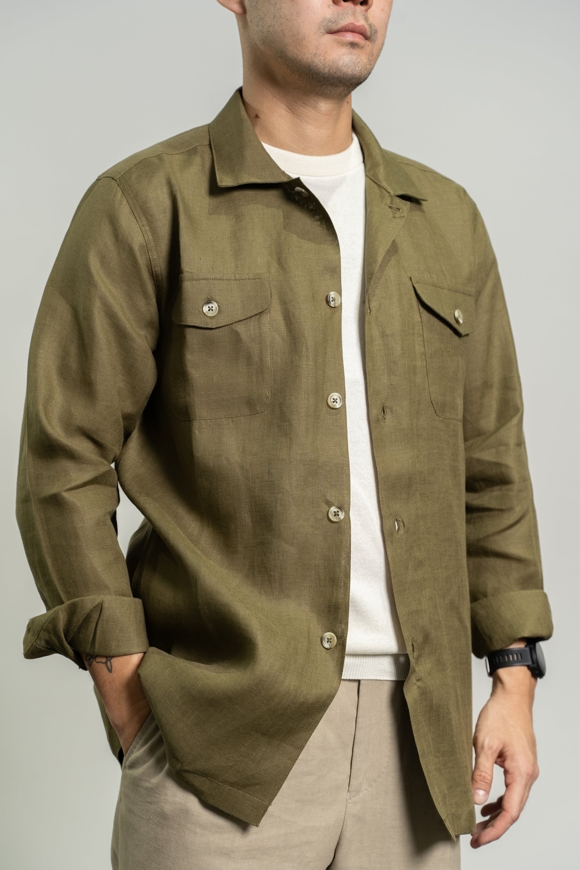 100% Linen Overshirt in Olive