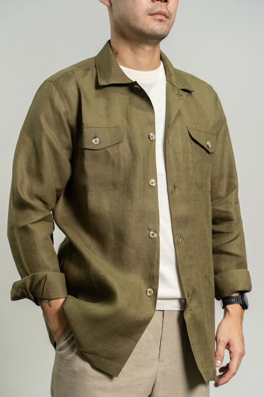 100% Linen Overshirt in Olive