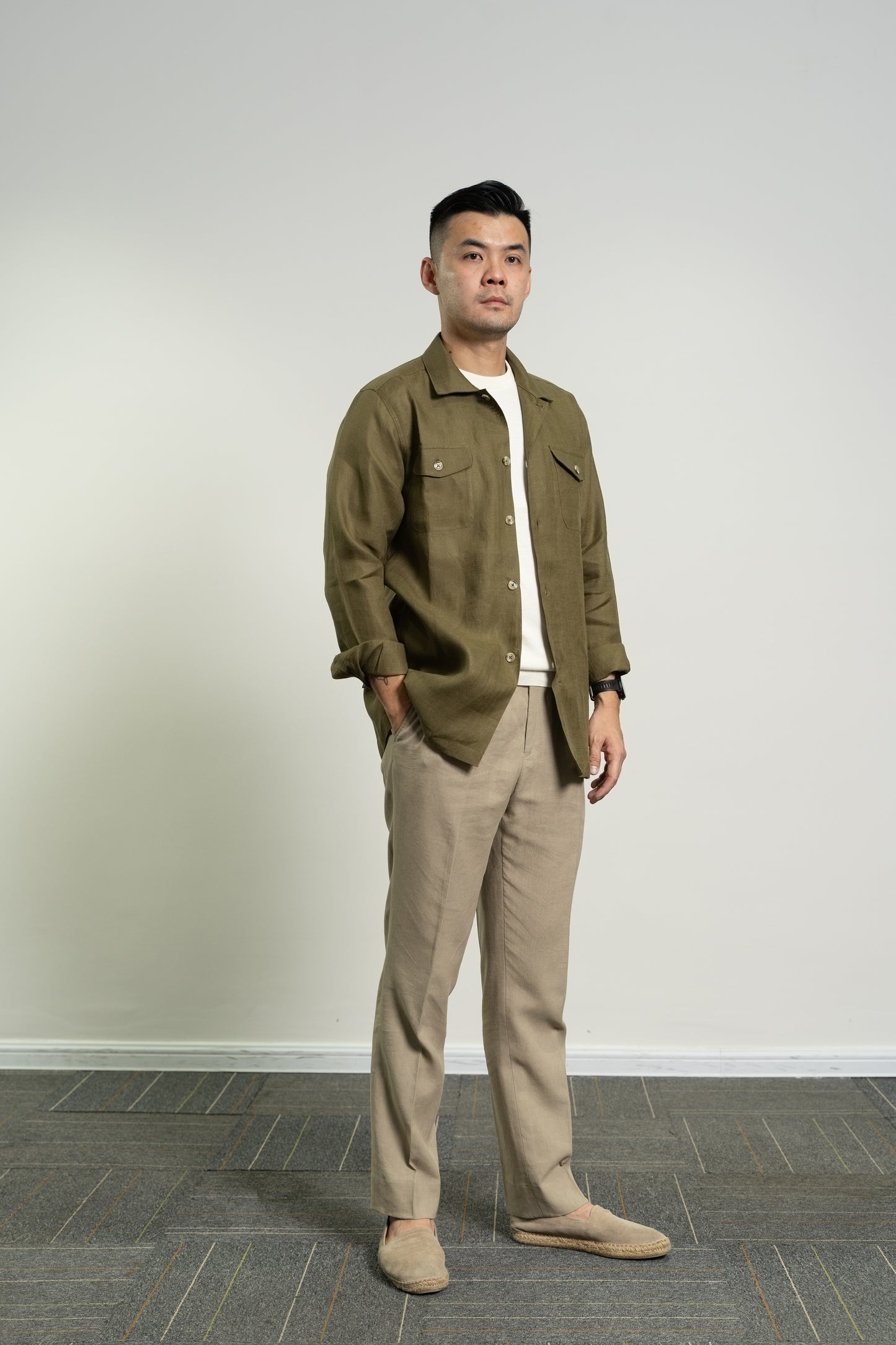 100% Linen Overshirt in Olive for Men