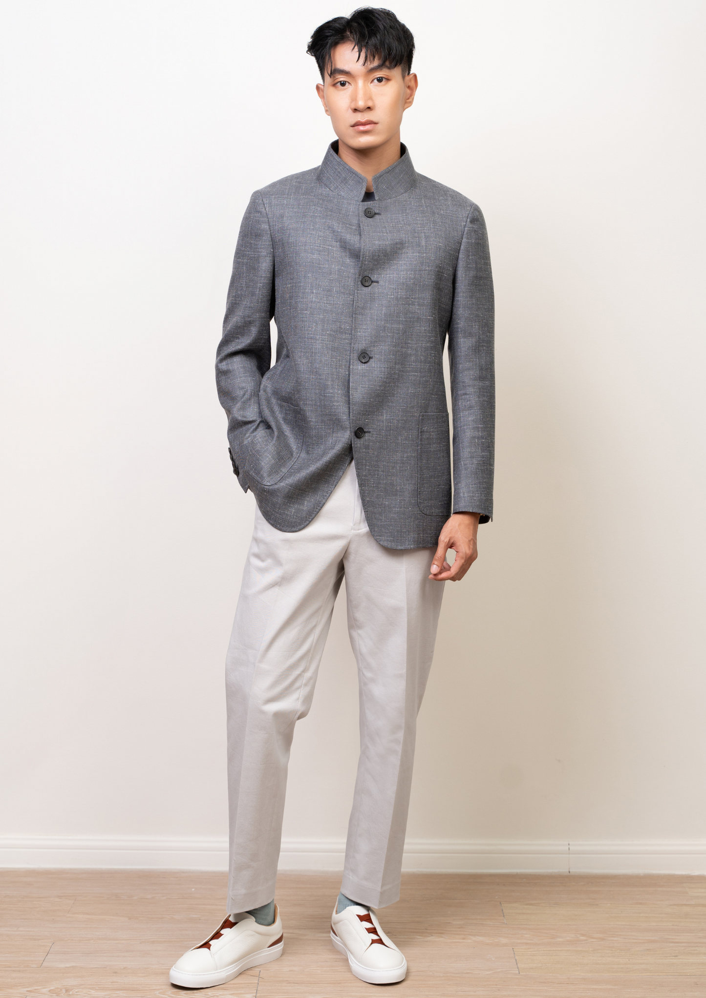 Lucky Wool Silk Mandarin Collar Jacket (Slim Fit) - Wolf Grey