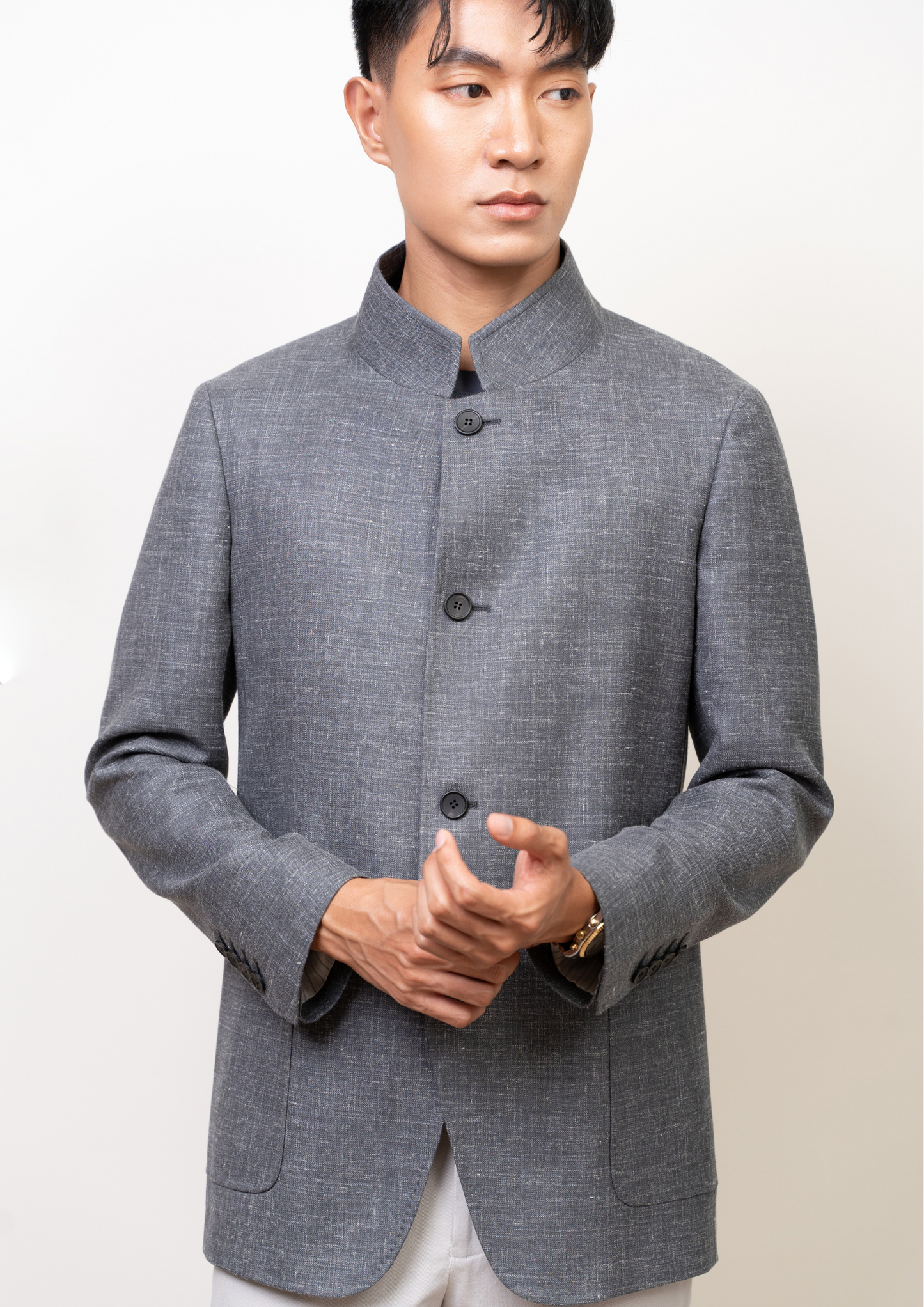 Lucky Wool Silk Mandarin Collar Jacket (Slim Fit) - Wolf Grey